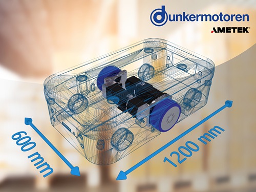 Technical illustration of an autonomous mobile robot (AMR) showing a transparent wireframe chassis with integrated electric drive motors and blue drive wheels. The vehicle footprint is labeled as 600 mm by 1200 mm. Dunkermotoren and AMETEK branding is displayed, highlighting compact drive solutions for robotics and intralogistics applications.