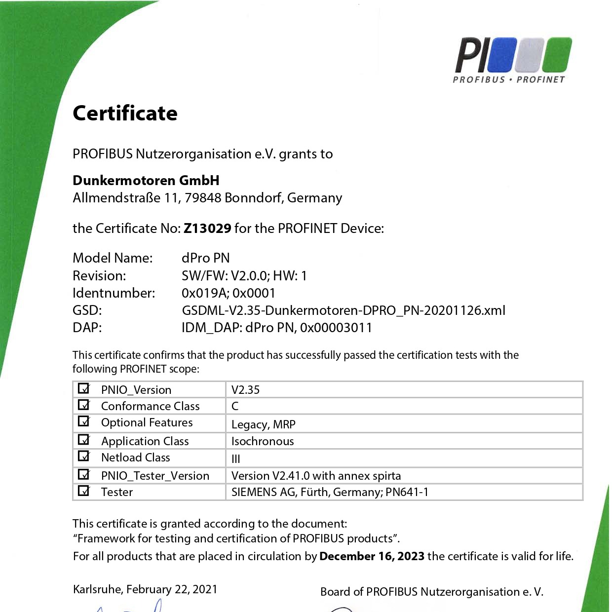 Profinet certificate