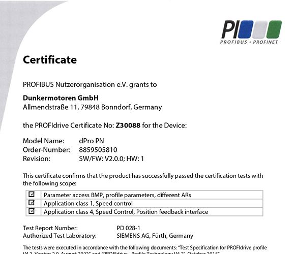 PROFIdrive Zertifikat Dunkermotoren