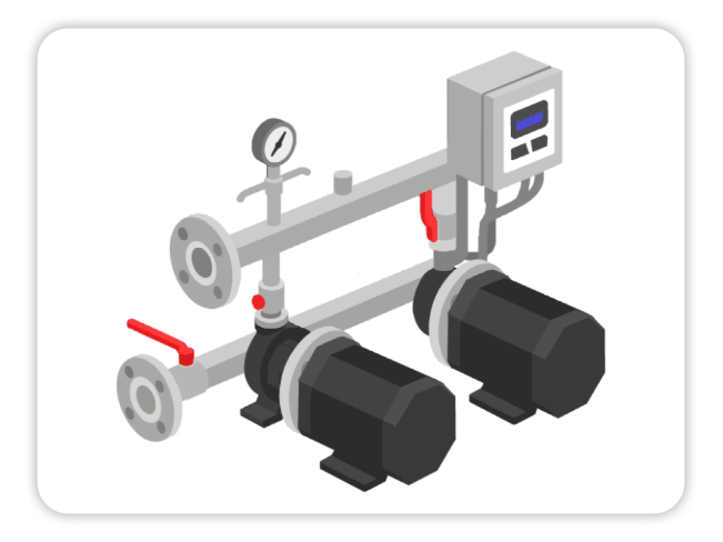 Dual industrial pump system with control unit, pressure gauge, and pipeline manifold for fluid handling