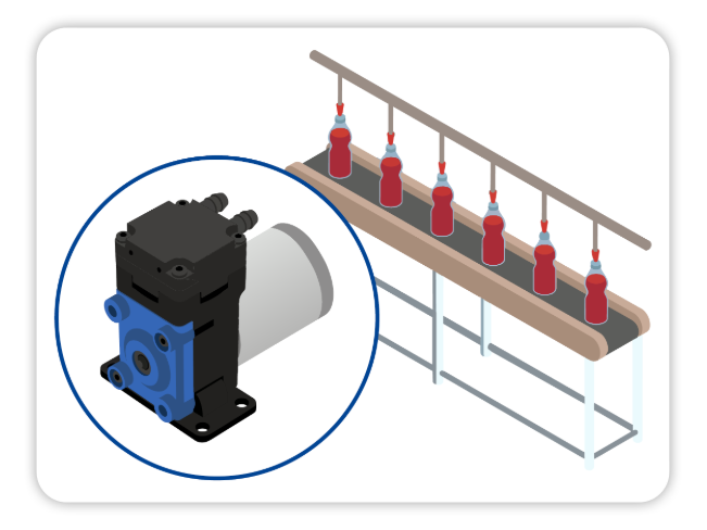 Membrane dosing pump integrated into automated bottle filling conveyor system with liquid dispensing nozzles