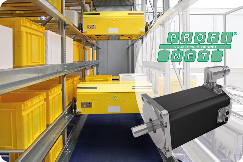 PROFINET industrial Ethernet motor controller powering automated storage and retrieval systems (AS/RS) for warehouse and intralogistics automation.