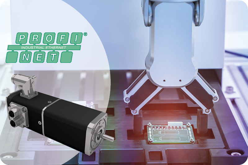 PROFINET industrial Ethernet motor controller driving semiconductor automation equipment with robotic pick-and-place system in a smart factory environment.