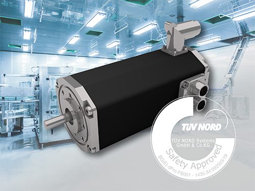 Product image of a Dunkermotoren brushless DC motor shown in an angled side view inside a clean industrial or laboratory environment with bright overhead lighting and reflective surfaces. The motor features a black rectangular housing with metallic silver end caps a straight output shaft and an angled electrical connector mounted on top for power and signal connections. A semi‑transparent TÜV NORD Systems certification seal is displayed in the foreground indicating safety approval. The background shows a sterile production or testing area with glass panels metal frames and automated equipment suggesting use in safety‑relevant or regulated applications such as automation medical technology or cleanroom manufacturing.
