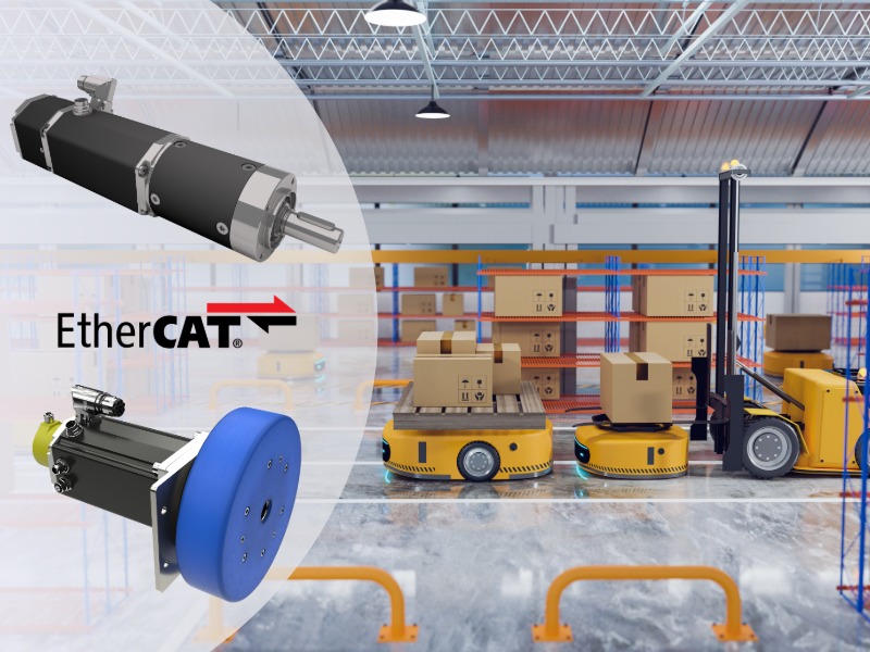 EtherCAT-enabled servo motors driving AGV robots in automated warehouse logistics with pallet transport and smart factory setup