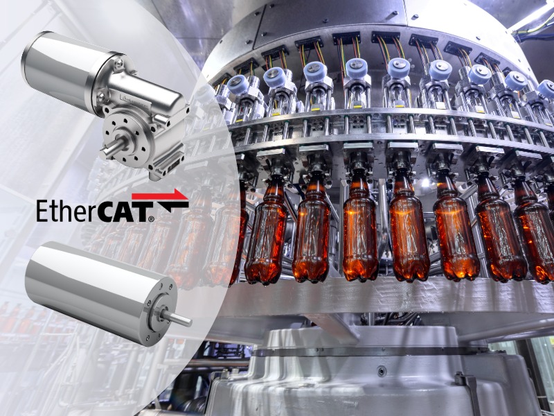 EtherCAT-driven industrial motors in rotary filling machine for automated beverage bottling, high-speed packaging and food processing line