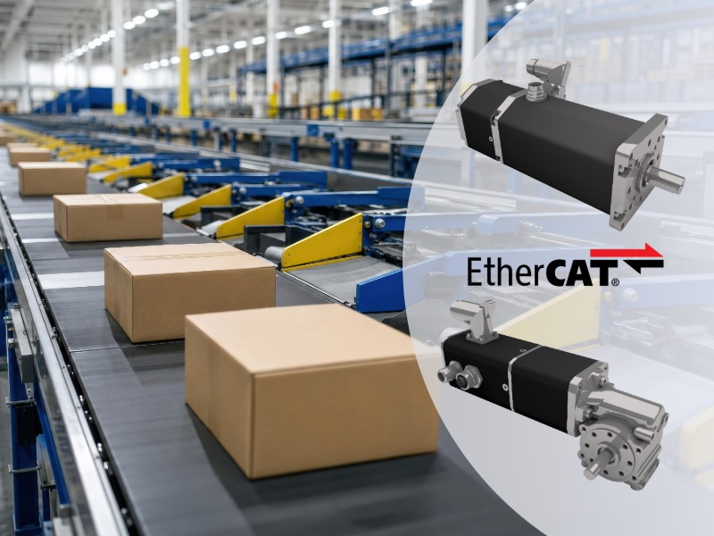 EtherCAT-driven servo motors in conveyor belt system for automated warehouse sorting and parcel handling in smart factory environment