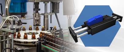 Electric linear actuator used for precise pressing and assembly operations in automated bottle filling and capping machinery.