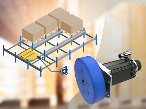 Illustration of an automated pallet‑shuttle storage system with multiple pallets positioned on roller tracks. A blue annotation symbol highlights the drive position. On the right side of the image, a black electric motor with an attached large blue drive wheel is shown, representing the propulsion unit used in the system.