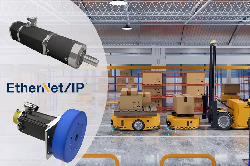 ethernet-ip-enabled servo motors driving AGV robots in automated warehouse logistics with pallet transport and smart factory setup
