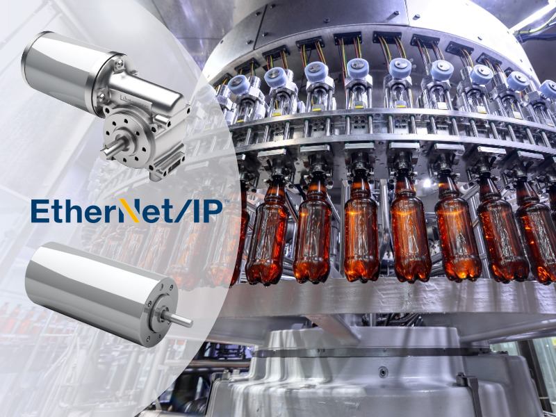 Ethernet IP-driven industrial motors in rotary filling machine for automated beverage bottling, high-speed packaging and food processing line