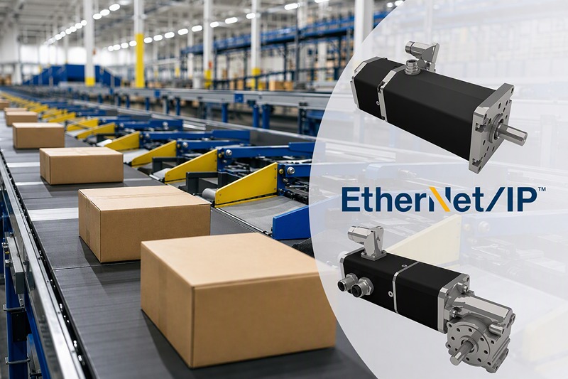 Ethernet-IP-driven servo motors in conveyor belt system for automated warehouse sorting and parcel handling in smart factory environment